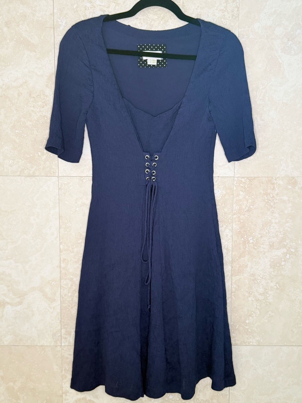 Maeve by Anthropologie Navy Blue Lace Up V-Neck Crinkle Dress Size S EUC